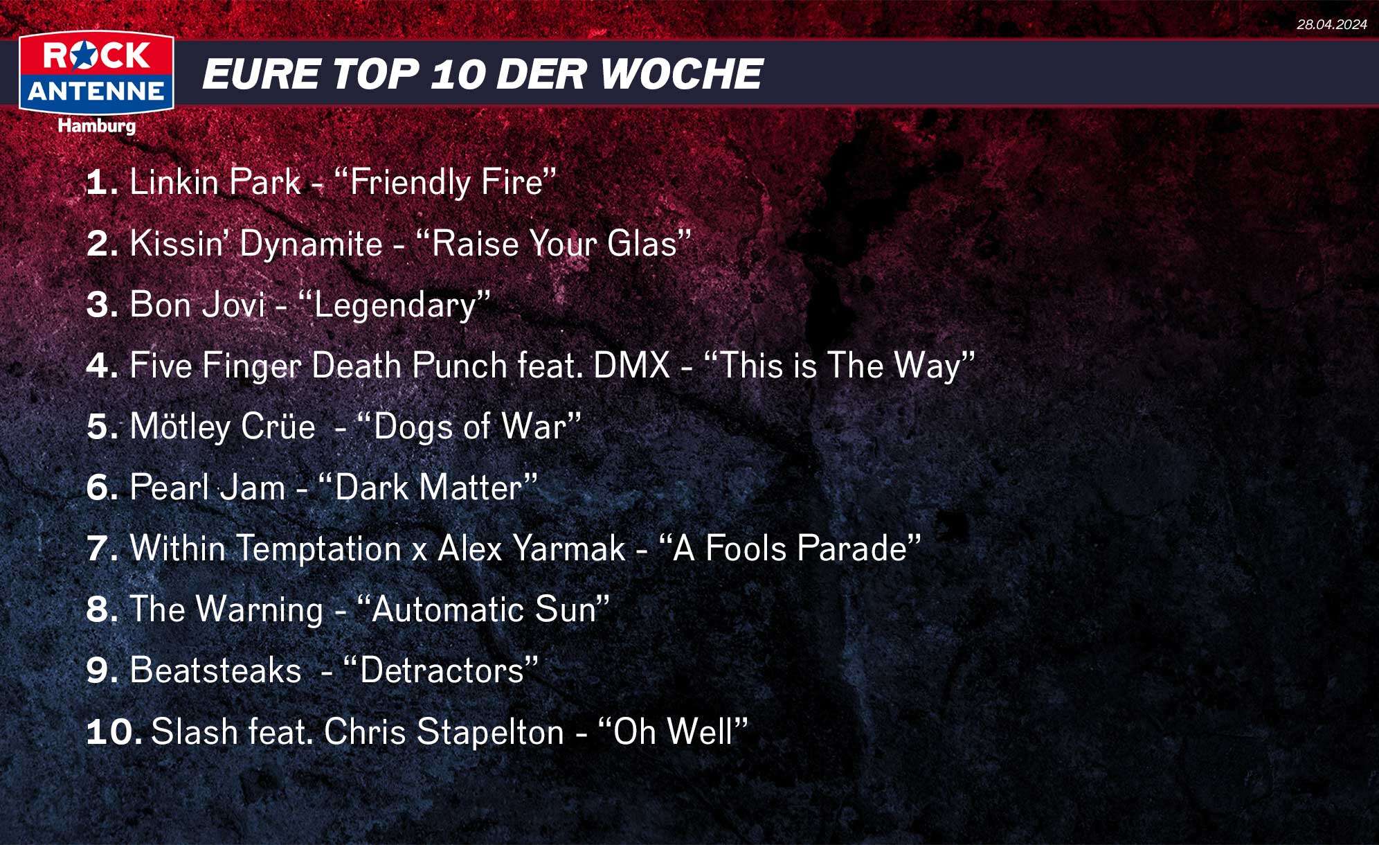 Die Top Ten der Woche vom 12.05.2024 lautet: 1. Linkin Park - “Friendly Fire” 2. Kissin’ Dynamite - “Raise Your Glas” 3. Bon Jovi - “Legendary” 4. Five Finger Death Punch feat. DMX - “This is The Way” 5. Mötley Crüe  - “Dogs of War” 6. Pearl Jam - “Dark Matter” 7. Within Temptation x Alex Yarmak - “A Fools Parade” 8. The Warning - “Automatic Sun” 9. Beatsteaks  - “Detractors” 10. Slash feat. Chris Stapelton - “Oh Well”