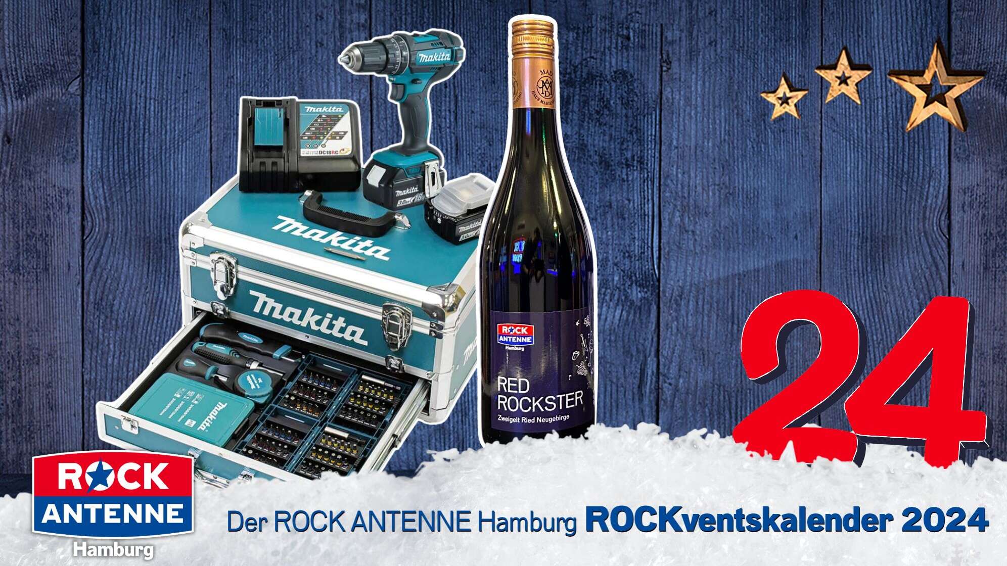 Rockventskalender Türchen 24: Makita Akku-Schlagbohrschrauber-Set und ROCK ANTENNE Hamburg Wein