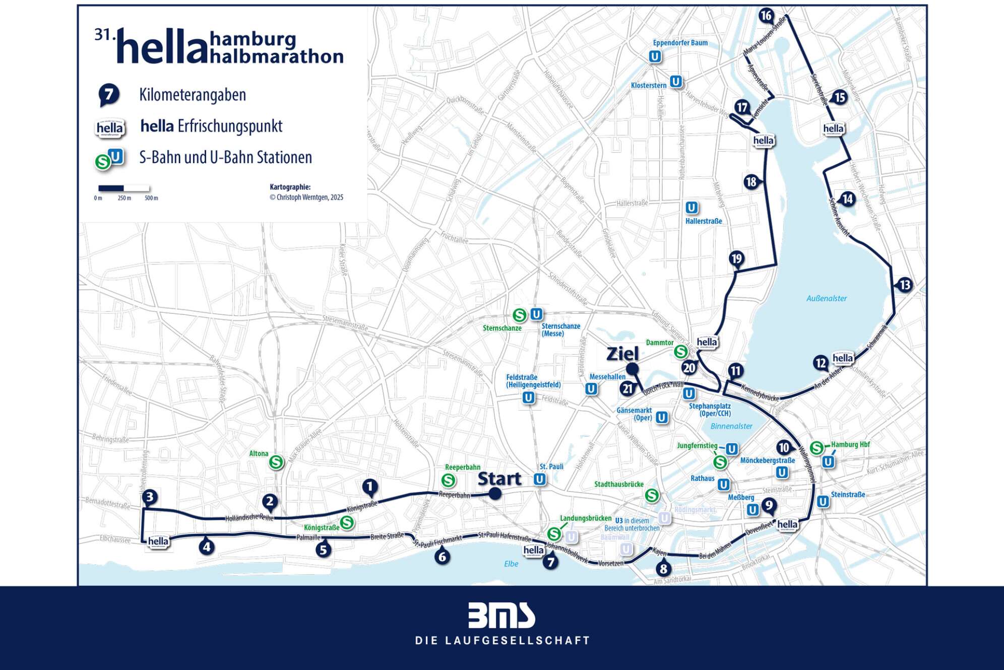 Der Streckenplan des hella hamburg halbmarathon 2025