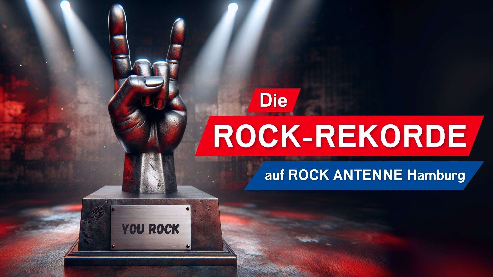 Ein Pommesgabel-Pokal vor Scheinwerfern im Hintergrund, daneben der Text: Die Rock-Rekorde auf ROCK ANTENNE Hamburg
