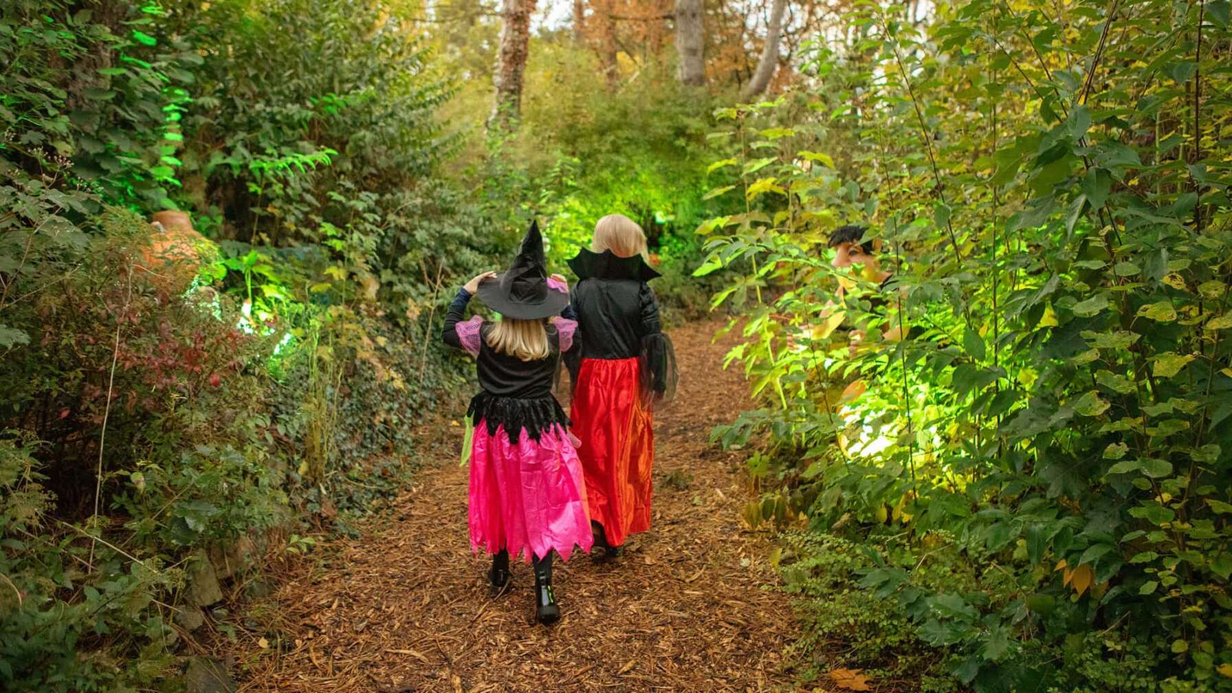 Zwei Kinder in Hexenkostümen laufen durch eine herbstliche Parkanlage des Heide Park Resorts
