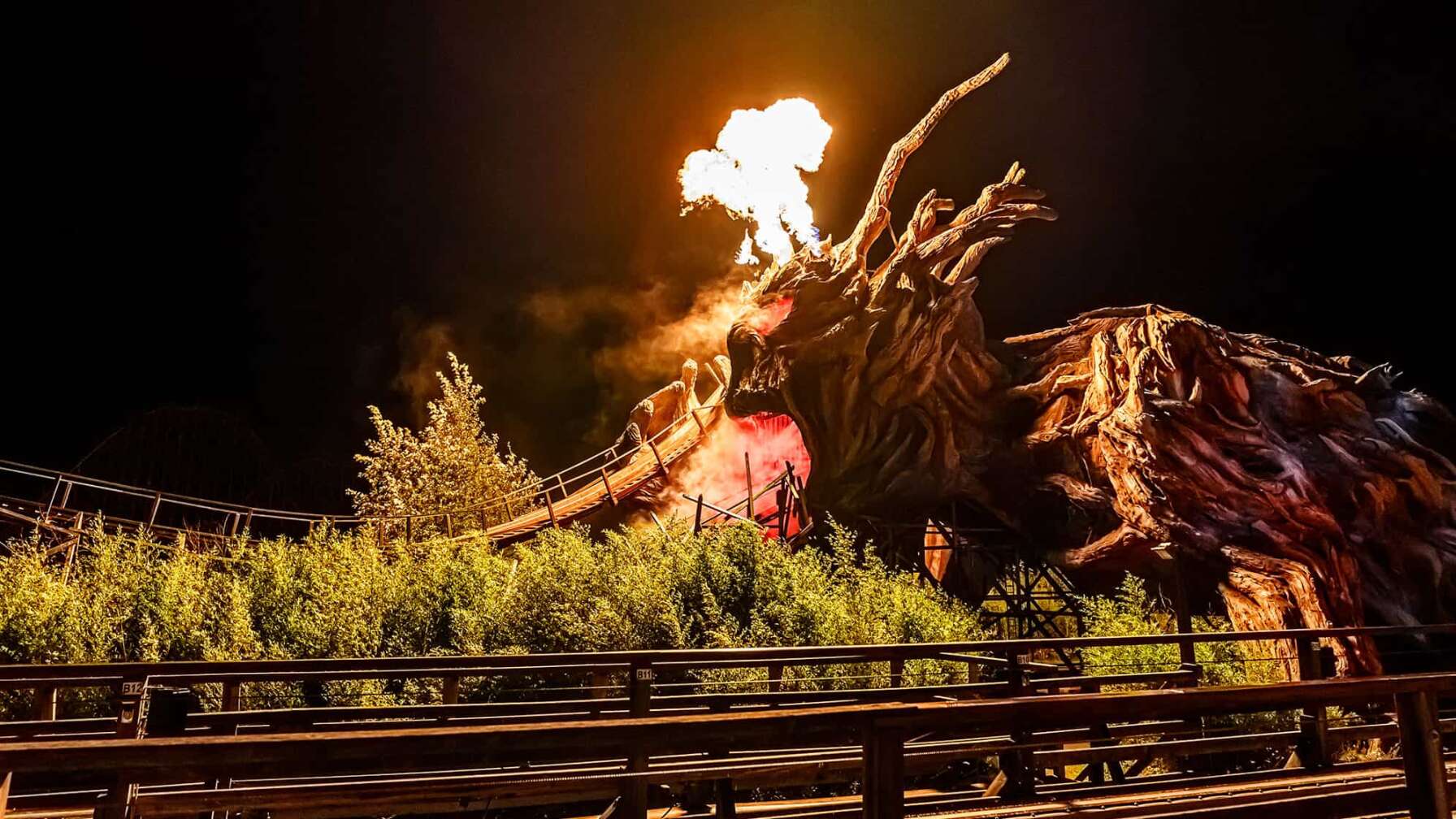 Die Achterbahn Colossos des Heide Park Resorts im Dunkeln, mit Feuershow
