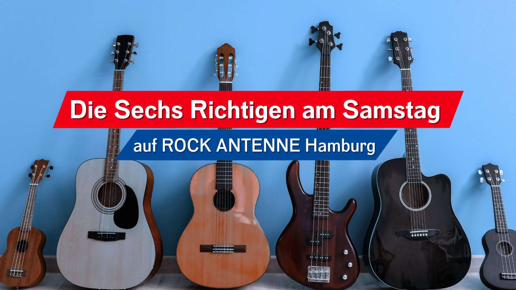 Sechs unterschiedliche Gitarren lehnen neben einer Wand, dazu der Text: ROCK ANTNNE