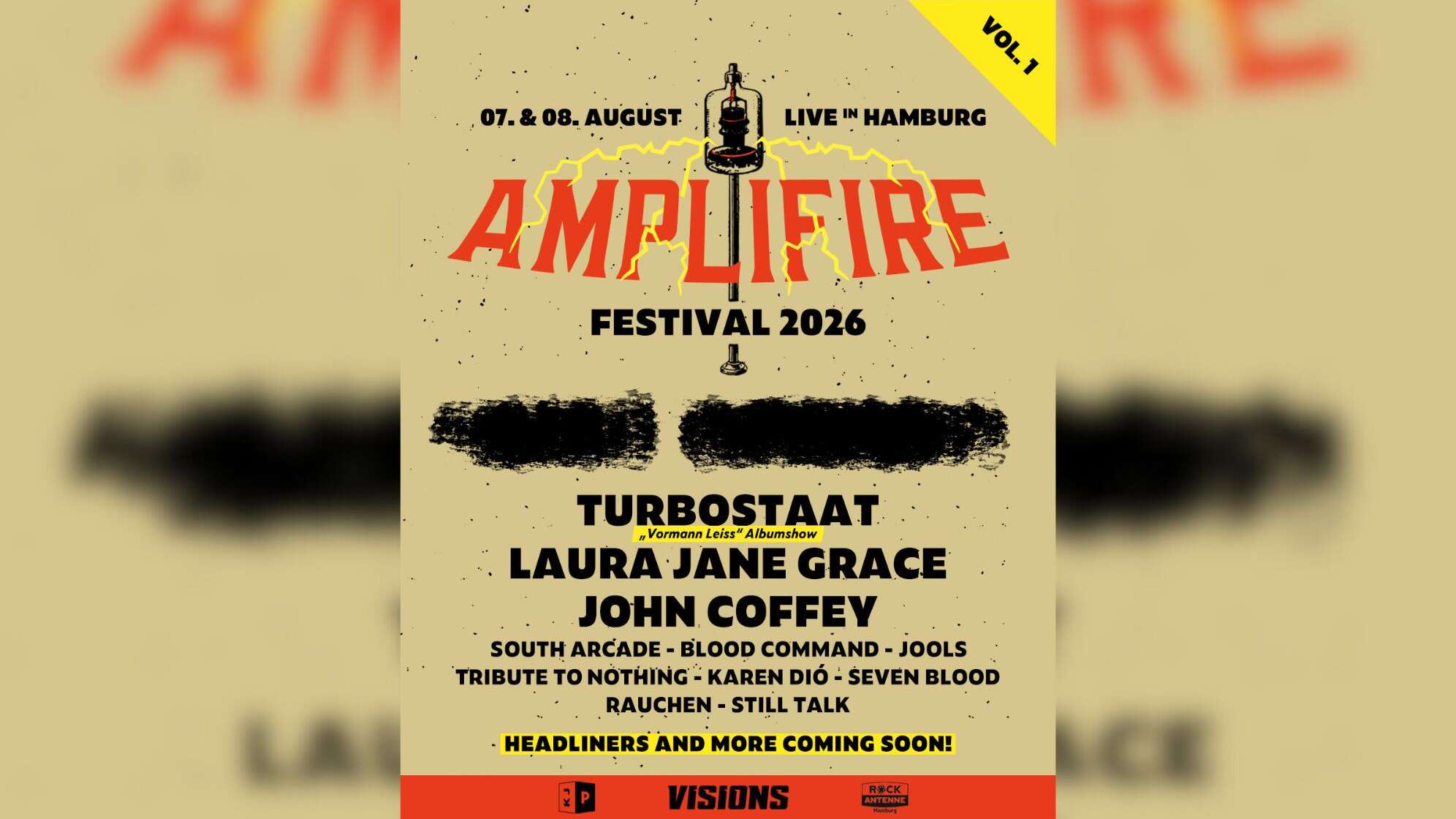 Das Plakat vom Amplifirerfestival 2026 mit Turbostaat, Laura jane Grace und mehr!