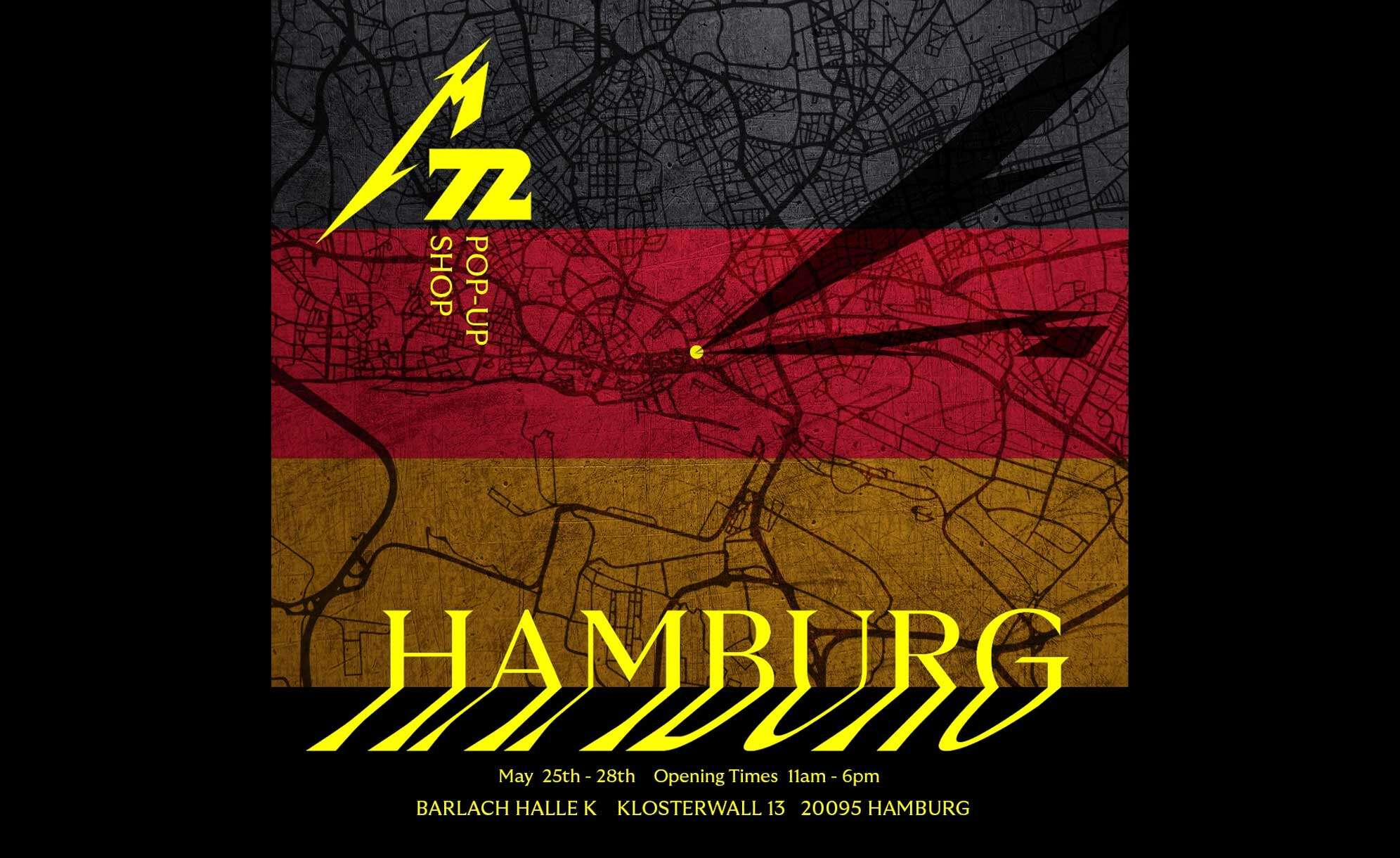 Plakat für den Pop Up Store von Metallica mit deutscher Flagge im Hintergrund