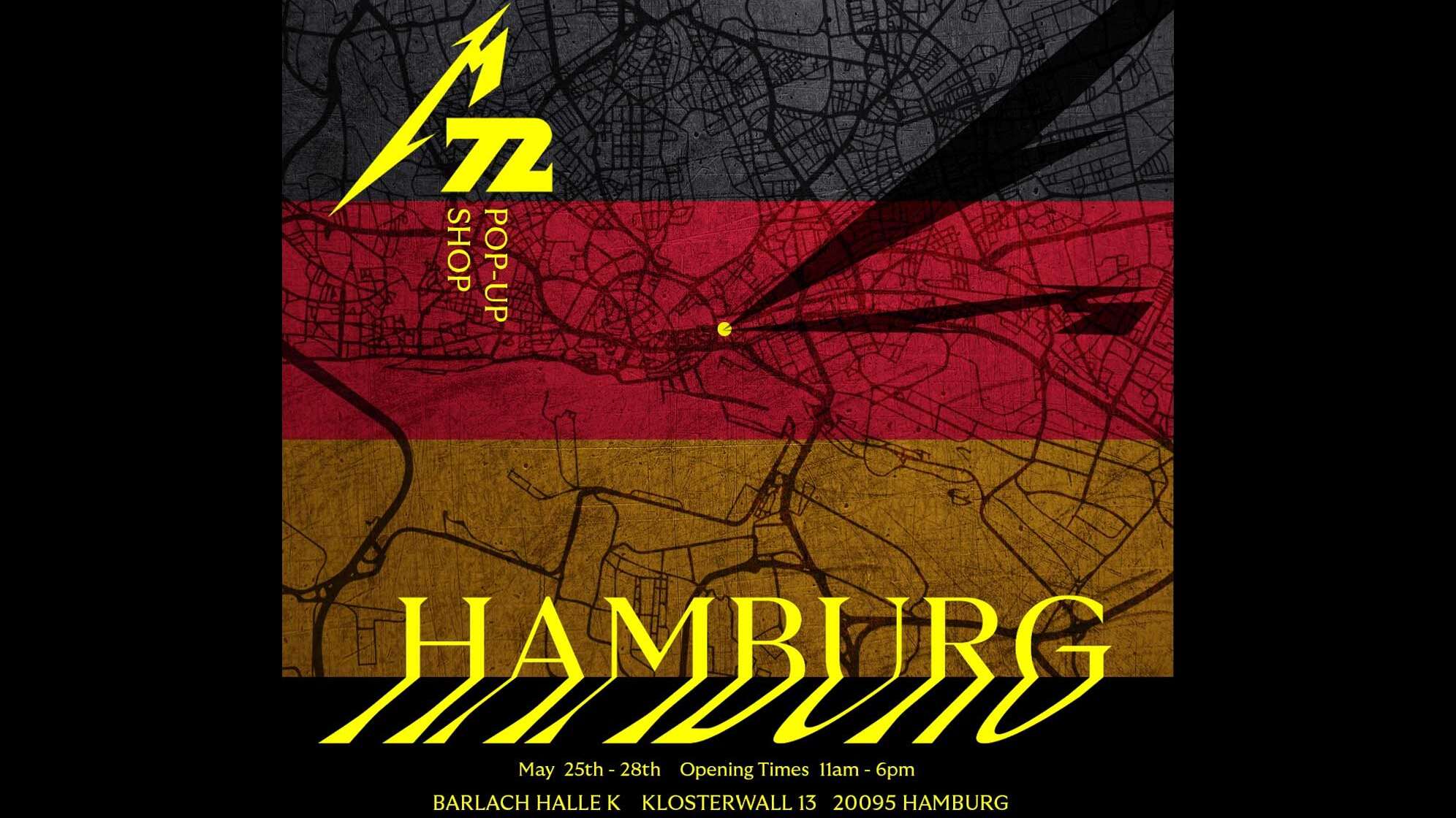 Plakat für den Pop Up Store von Metallica mit deutscher Flagge im Hintergrund