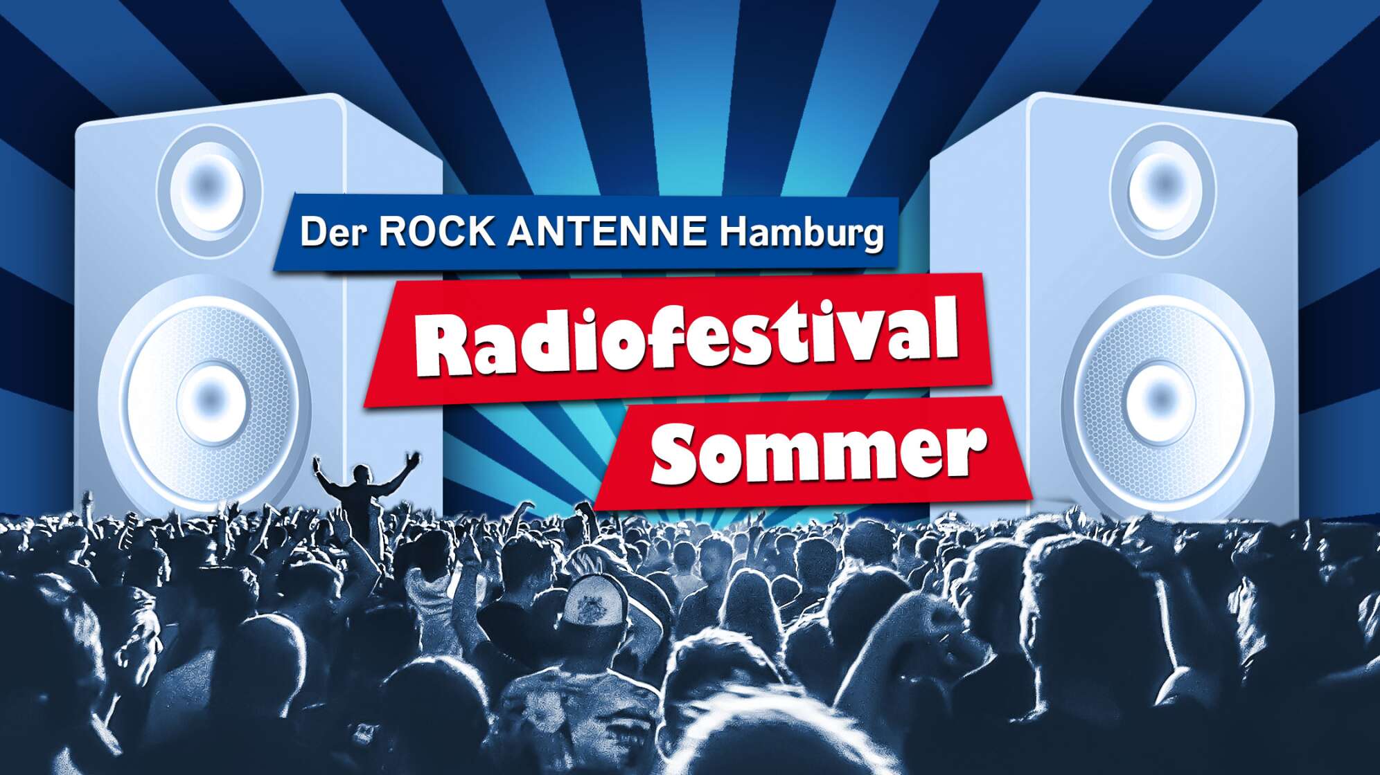 Die Aktionsgrafik des "ROCK ANTENNE Hamburg Radiofestival Sommer" - eine animierte Grafik mit Konzertbesuchern, großen Lautsprechern und Strahlen im Hintergrund