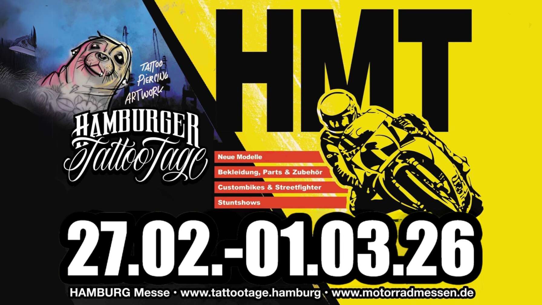Flyer für die Hamburger Motorradtage und Hamburger Tattoo Tage 2026