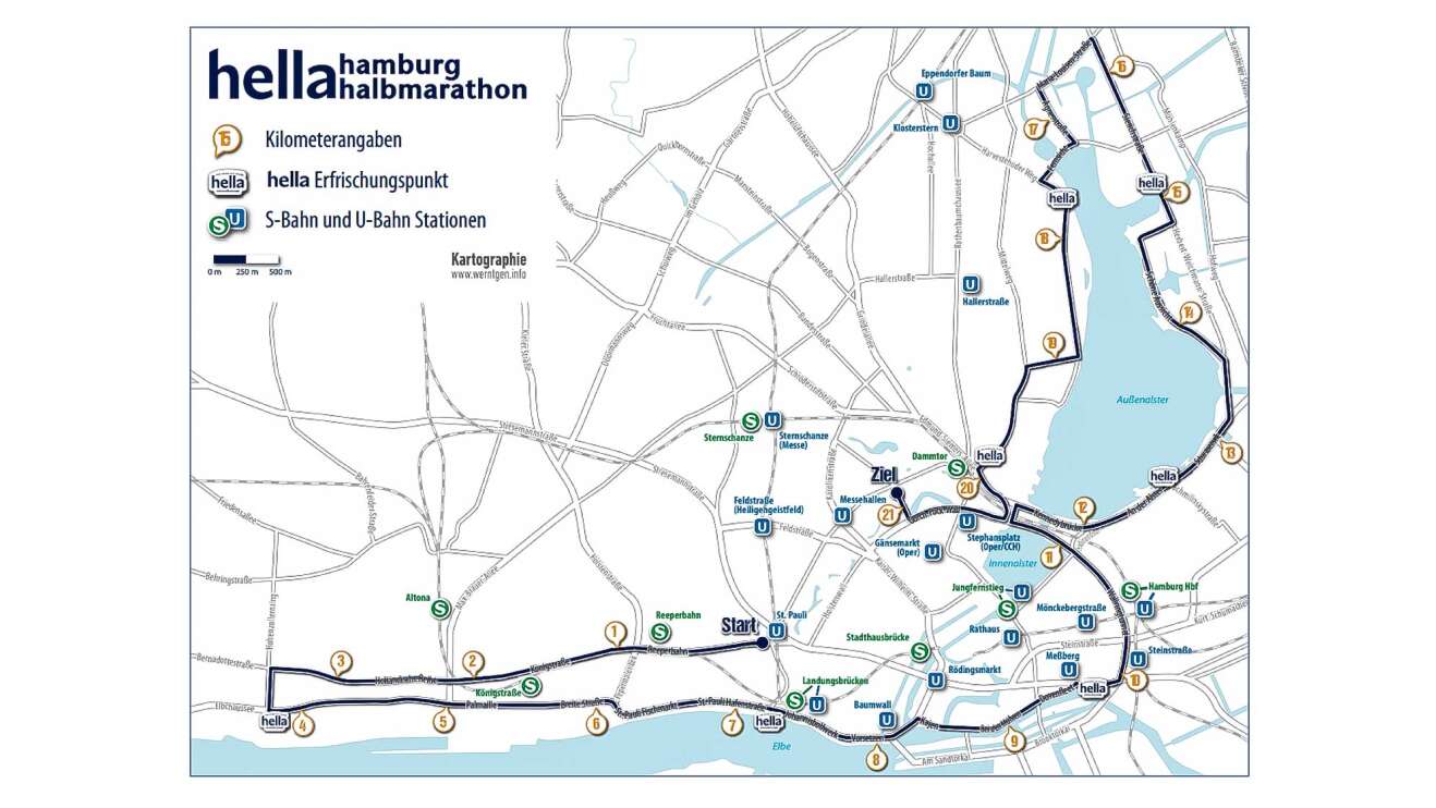 Der Streckenplan des hella hamburg halbmarathons 2023.