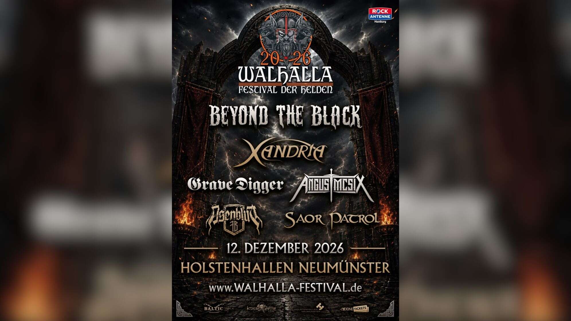 Das Plakat von Walhalla - Festival der Helden 2026 mit Bands wie Beyond The Black, Xandria, Grave Digger, Angus McSix, Asenblut und Saor Patrol