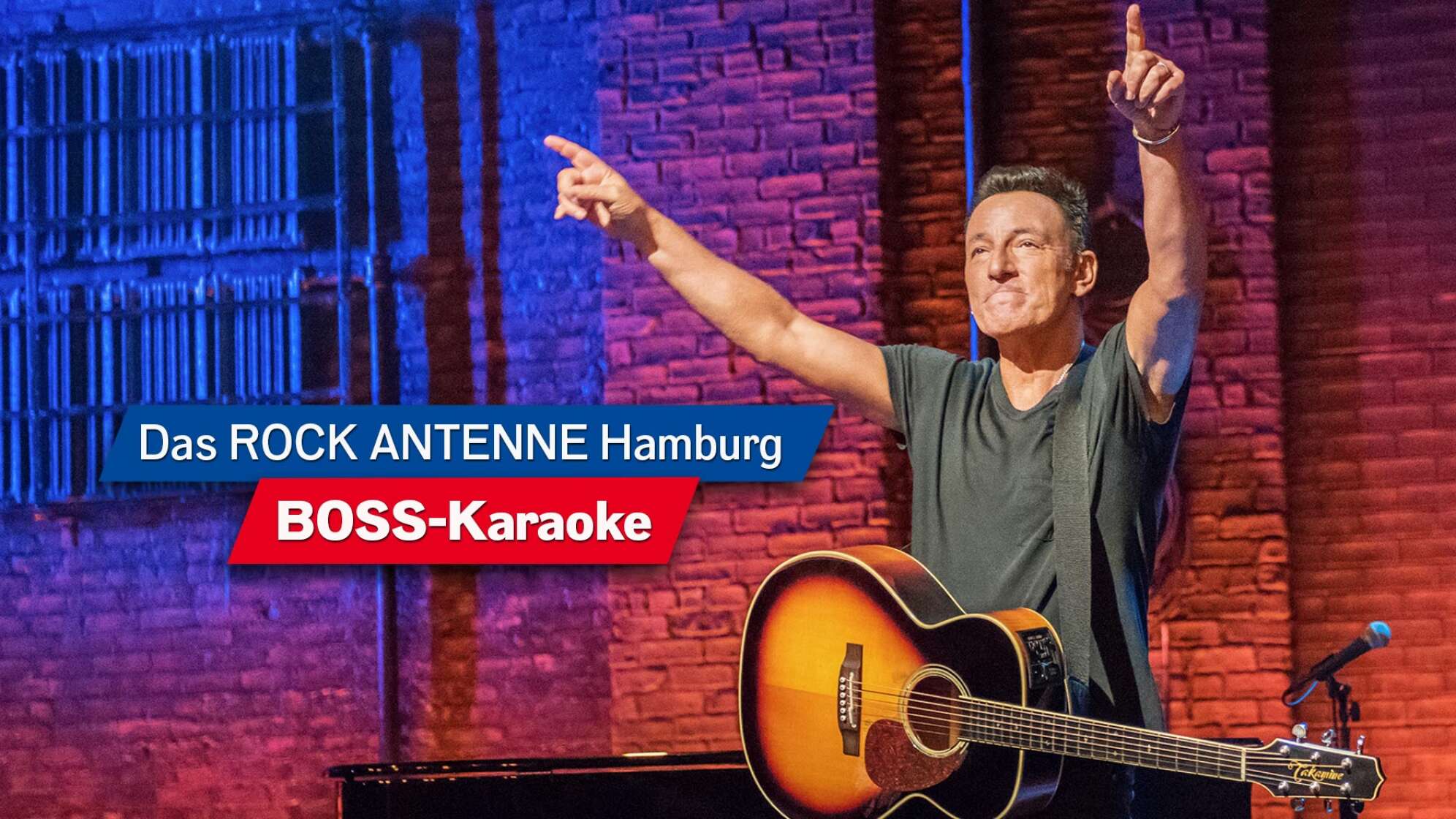Ein Bild von Bruce Springsteen mit Gitarre und erhobenen Händen, Text "Das ROCK ANTENNE Hamburg Boss-Karaoke"