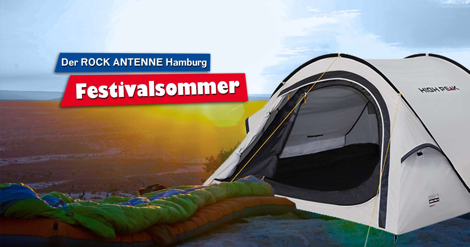 Ein Bild eines Zelts von High Peak vor einem Sonnenuntergang mit der Aufschrift "Der ROCK ANTENNE Hamburg Festivalsommer"