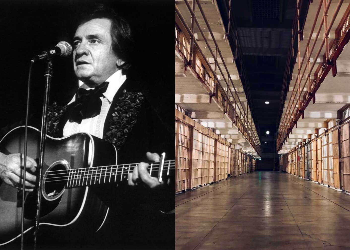 Johnny Cash mit einer Gitarre und ein Gefängnis