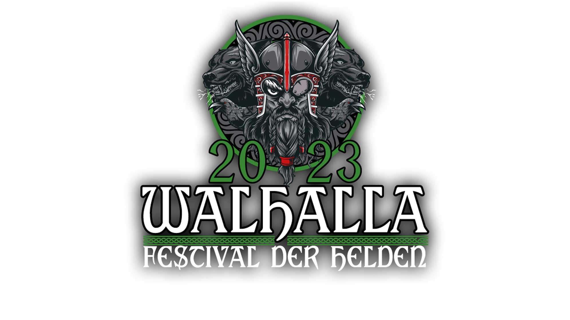 Das Festival-Logo von Walhalla - Festival der Helden: Ein Kämpfer mit zwei Hunden und zwei Raben