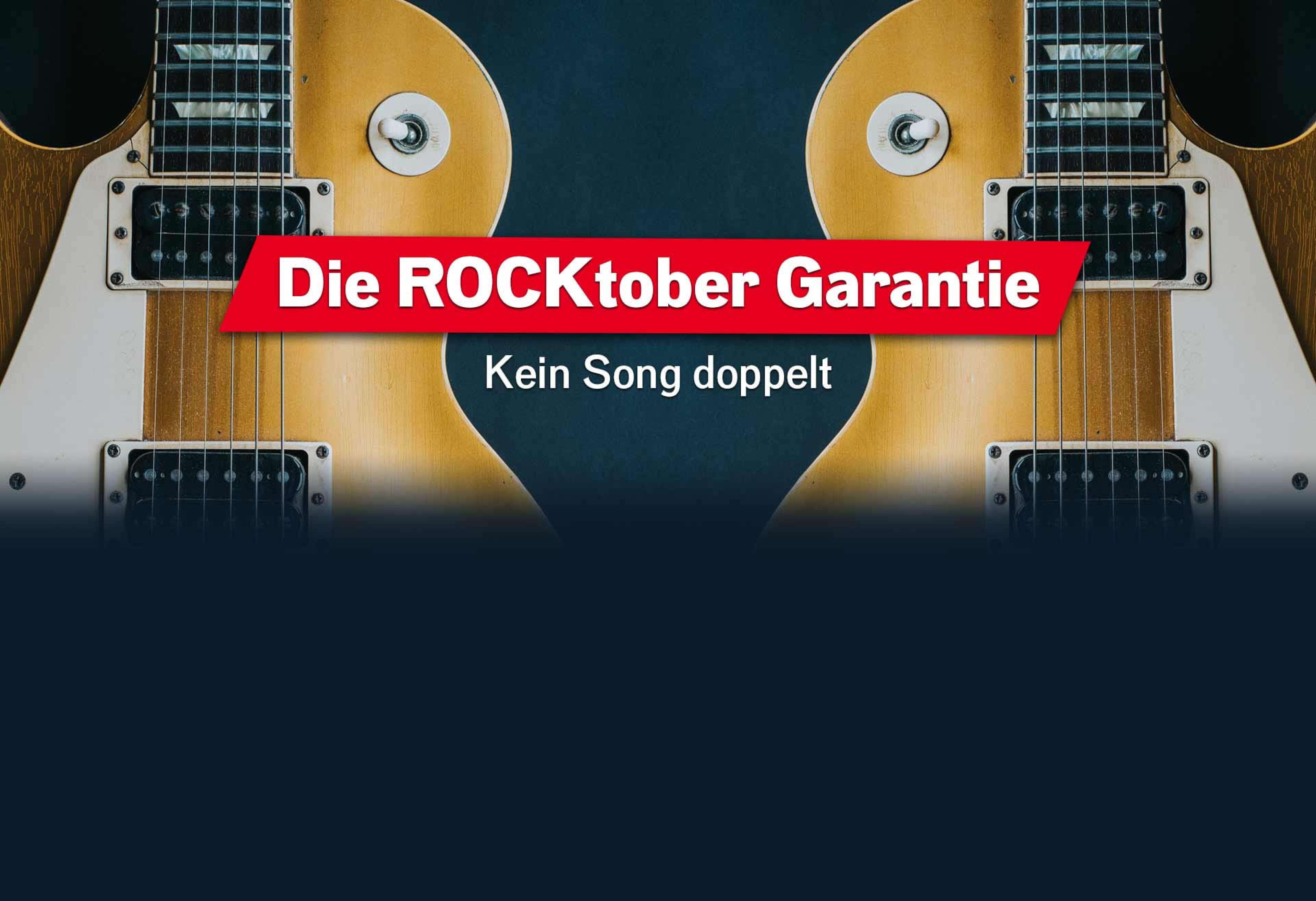 Bildausschnitt einer Gitarre mit Spiegelbild, Text "Die ROCKtober Garantie - kein Song doppelt"