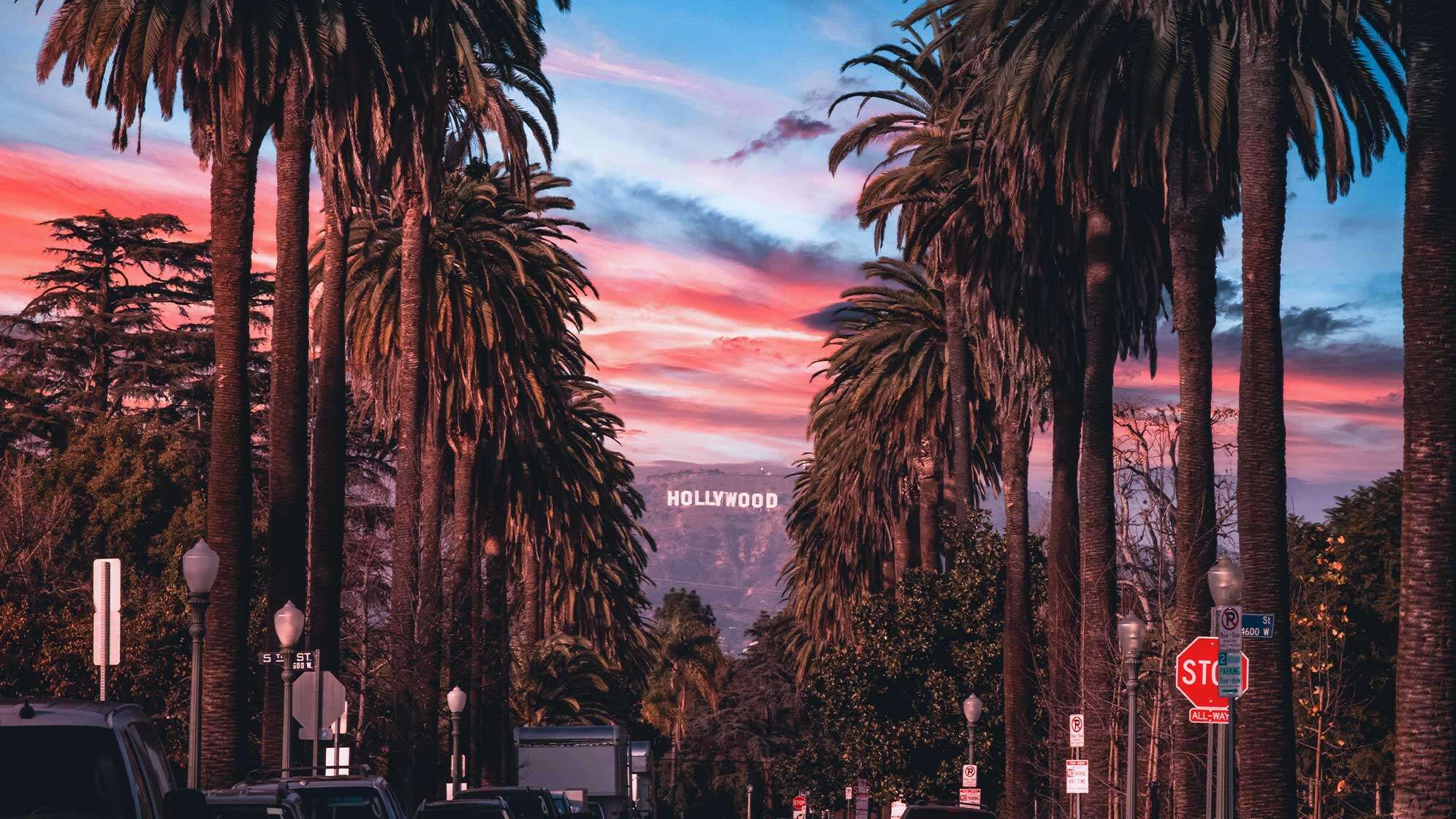 Los Angeles mit Palmen und dem Hollywood-Logo im Hintergrund auf dem Berg