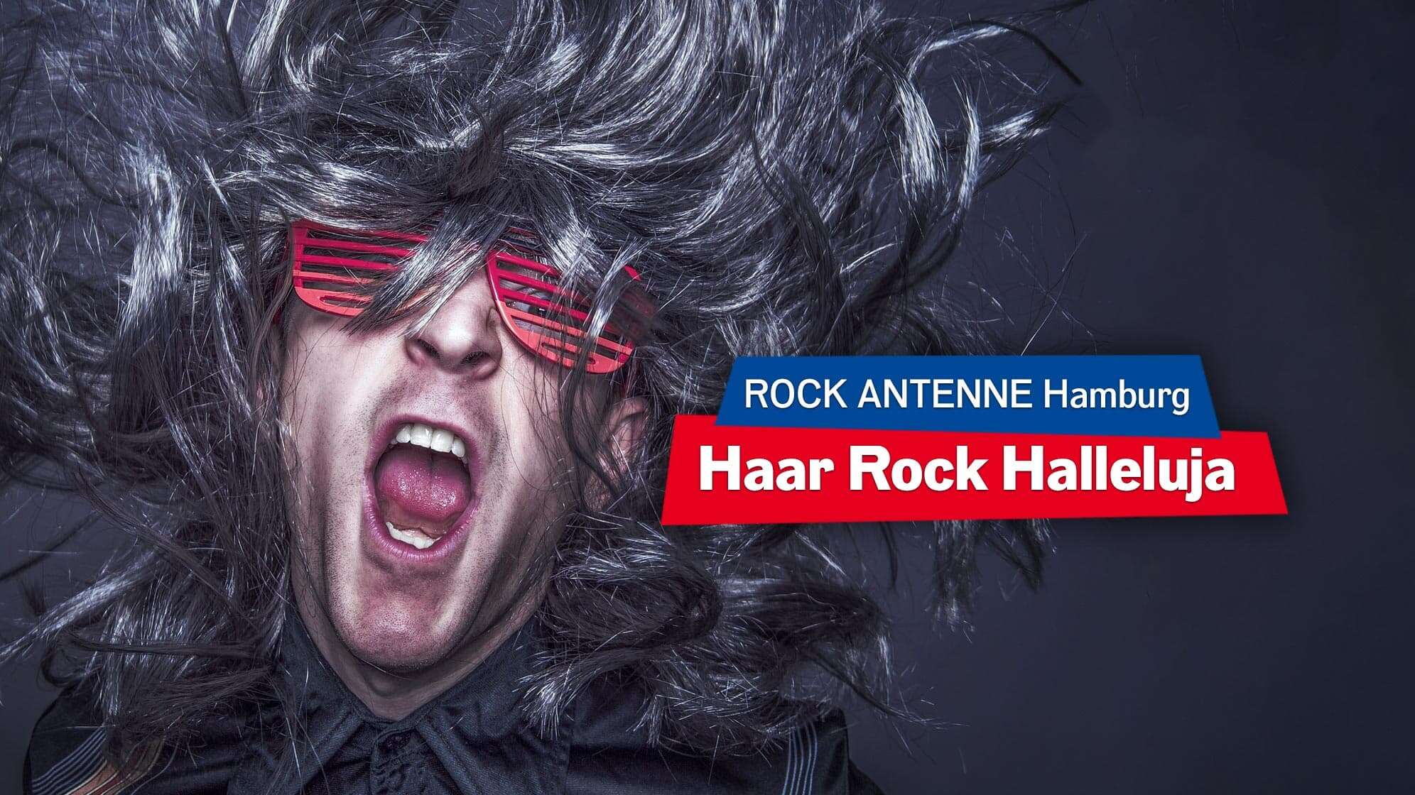 Bild eines Mannes mit grauer, wallender Perücke, der Headbangt und eine Sonnenbrille trägt; Text: "ROCK ANTENNE Hamburg Haar Rock Halleluja"