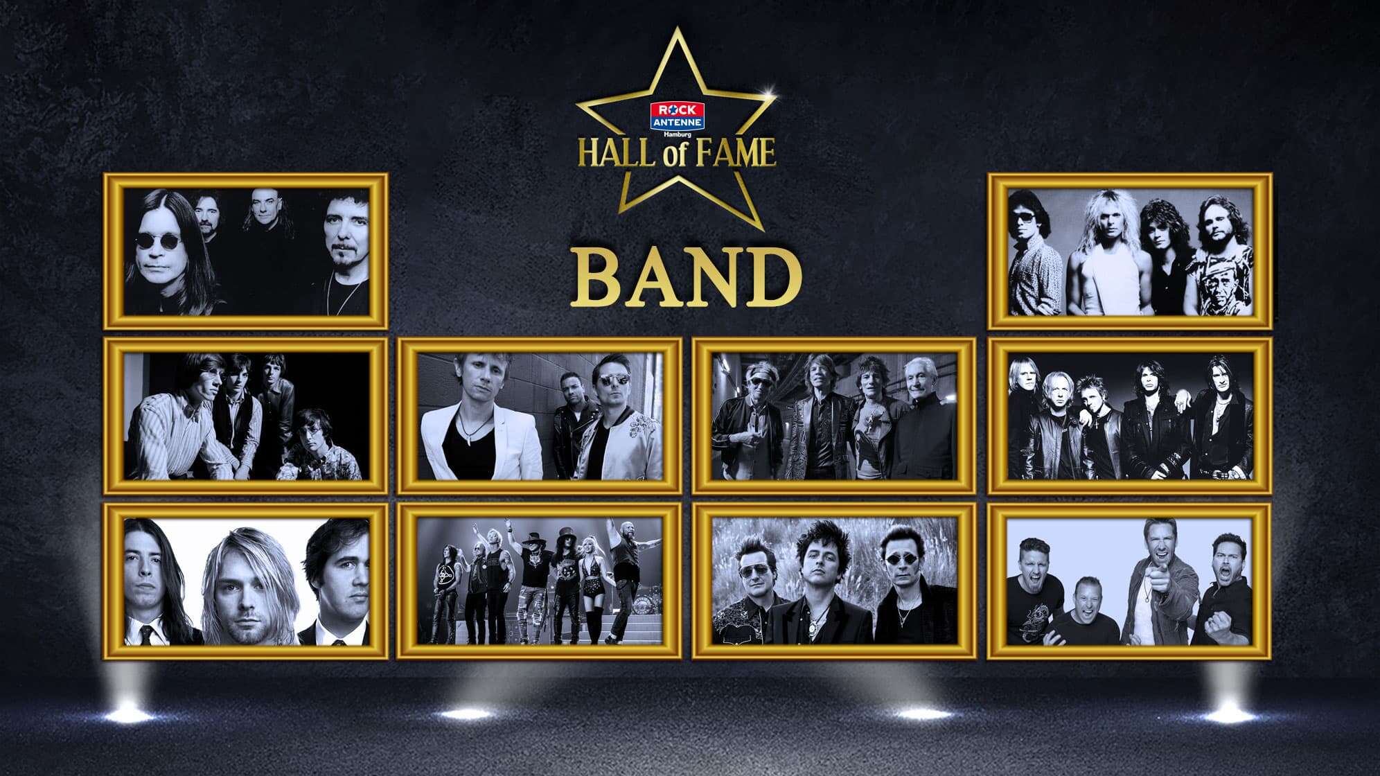 Die Nominierten der ROCK ANTENNE Hamburg Hall of Fame Class of 2023 in der Kategorie Band: Black Sabbath, Pink Floyd, Nirvana, Muse, Guns N Roses, The Rolling Stones, Green Day, Van Halen, Aerosmith, Nickelback