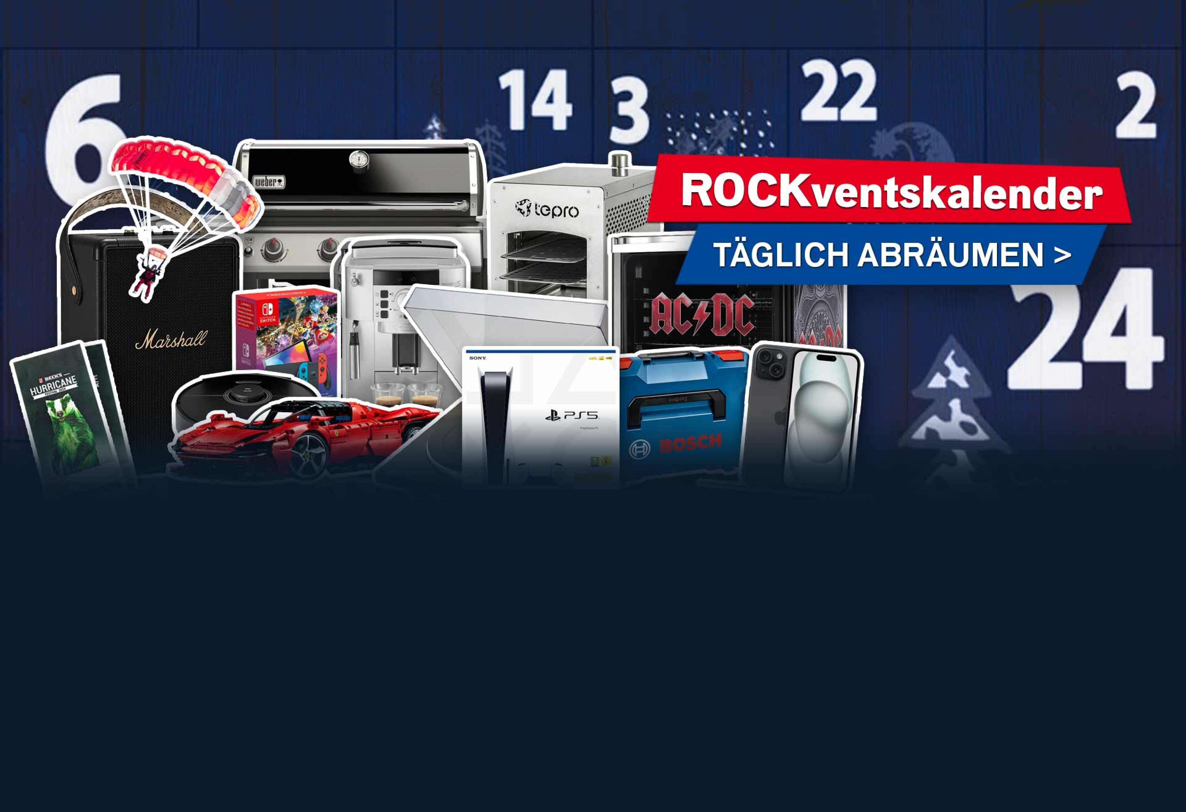 Übersichtsbild des ROCK ANTENNE Hamburg ROCKventskalenders 2023 mit Preisen wie Marshall Box, AC/DC Kühlschrank, PS5, Nintendo Switch, Plattenspieler, Bosch Professional Werkzeug, LEGO Ferrari, iPhone 15 und weiteren Geschenken