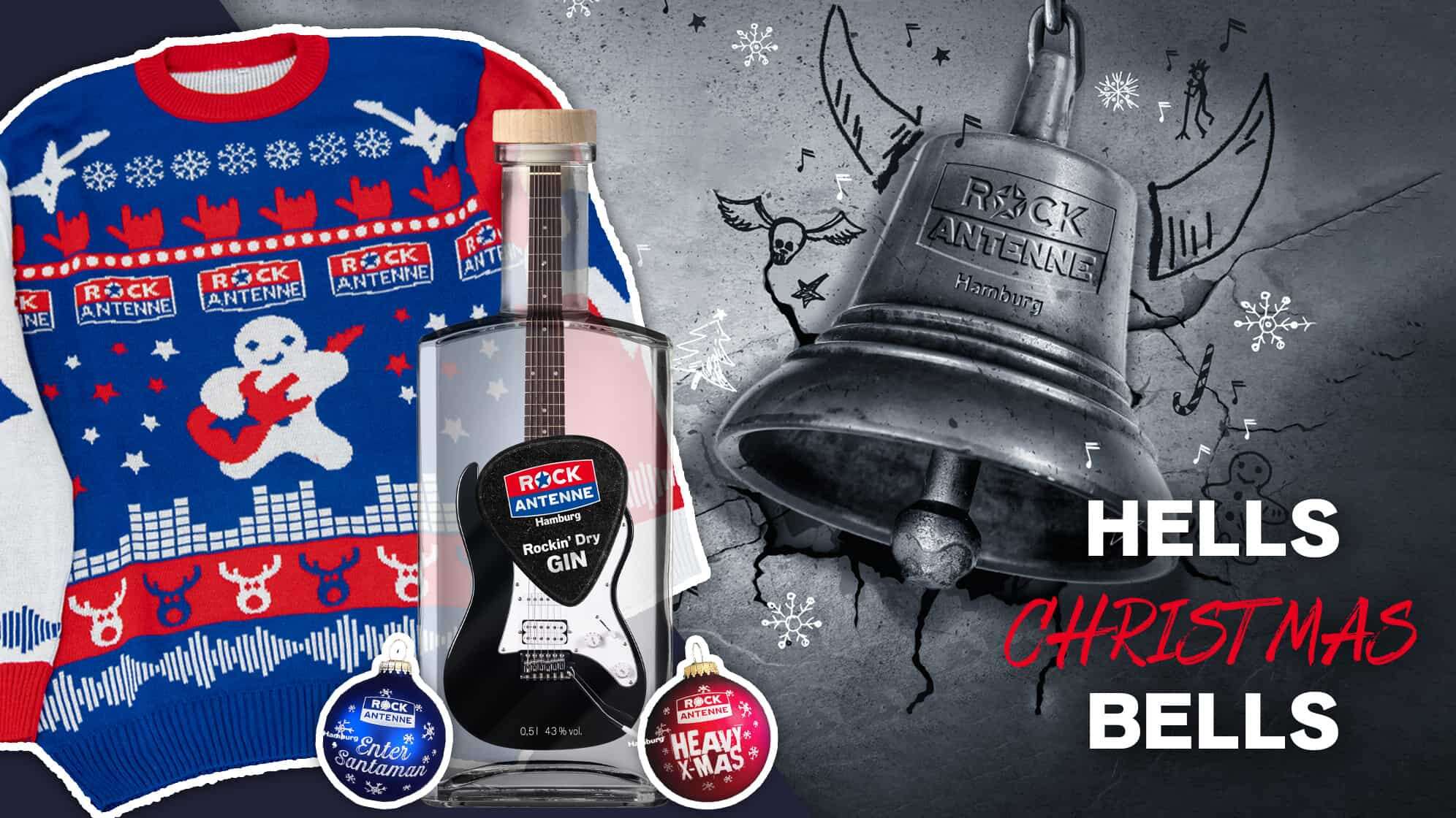 ROCK ANTENNE Hamburg Ugly Christmas Sweater, zwei Weihnachtsbaumkugeln und eine Flasche ROCK ANTENNE Hamburg Gin sowie eine stilisierte Glocke mit eingraviertem ROCK ANTENNE Hamburg Logo, dazu Text "Hells Christmas Bells"