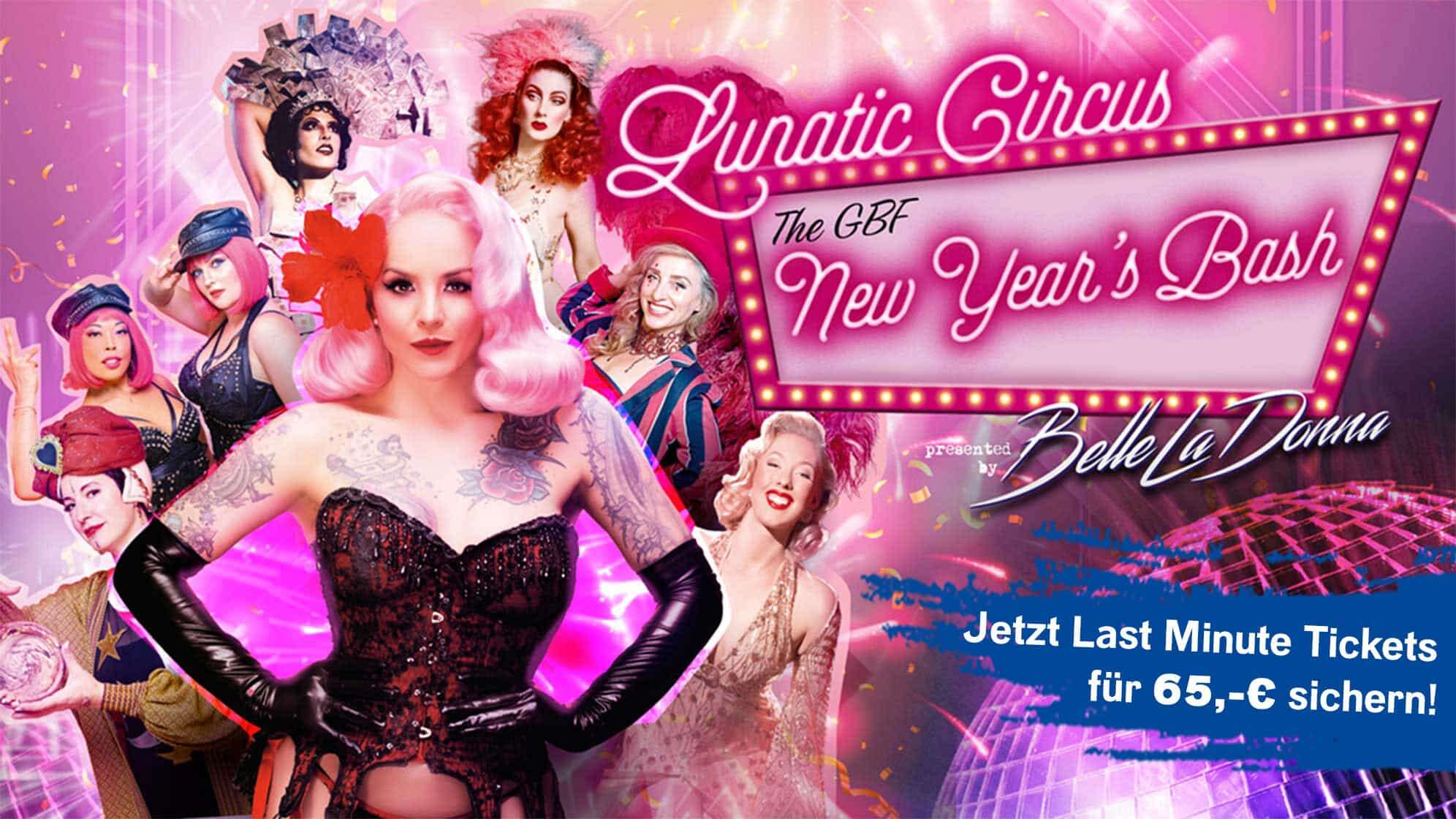Ein pinkes Plakat für die Veranstaltung "THE GBF NEW YEAR’S BASH" mt den Artisten auf dem Bild und einem Hinweis "Jetzt Last Minute Tickets für 65 Euro Sichern"