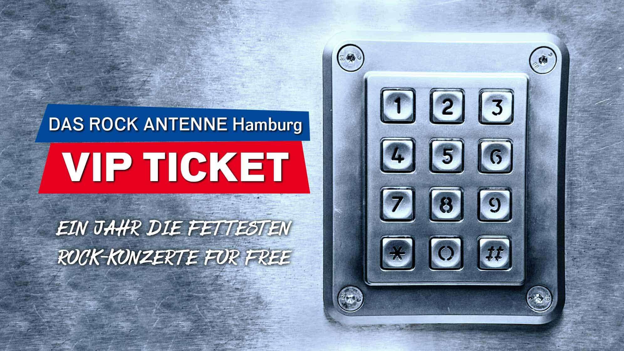 Bild eines Zahlenschlosses auf einer Tresortür, Text: Das ROCK ANTENNE Hamburg VIP Ticket: Ein Jahr die fettesten Rock-Konzerte for free