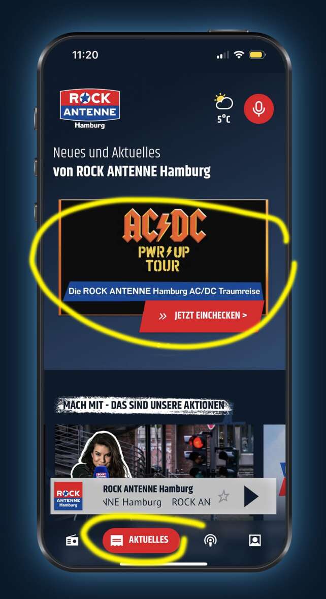 Screenshot der ROCK ANTENNE Hamburg App mit der Aktionsgrafik zur AC/DC Traumreise mit dem Button "Einchecken"