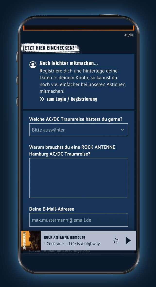 Screenshot der ROCK ANTENNE Hamburg App mit der Aktion AC/DC Traumreise und dem Teilnahmeformular