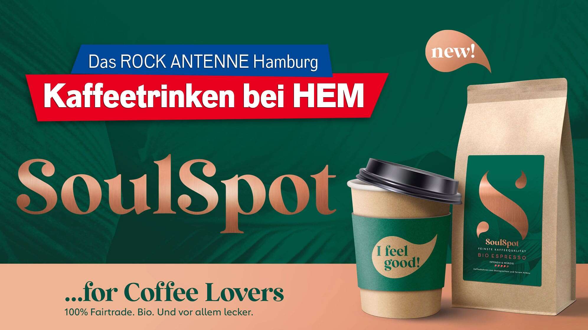 Bild eines To Go Kaffeebechers und einer Packung Kaffee der Marke Soulspot, dazu der Text: dazu der Text: Das ROCK ANTENNE Hamburg Kaffeetrinken bei HEM