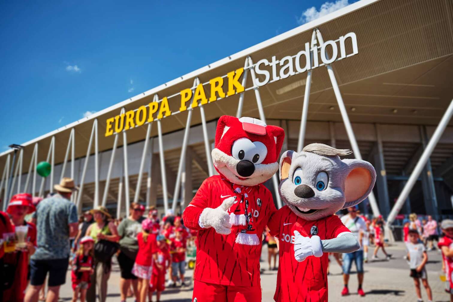 Bild des Europa-Park Stadions mit MAskottchen im Vordergrund