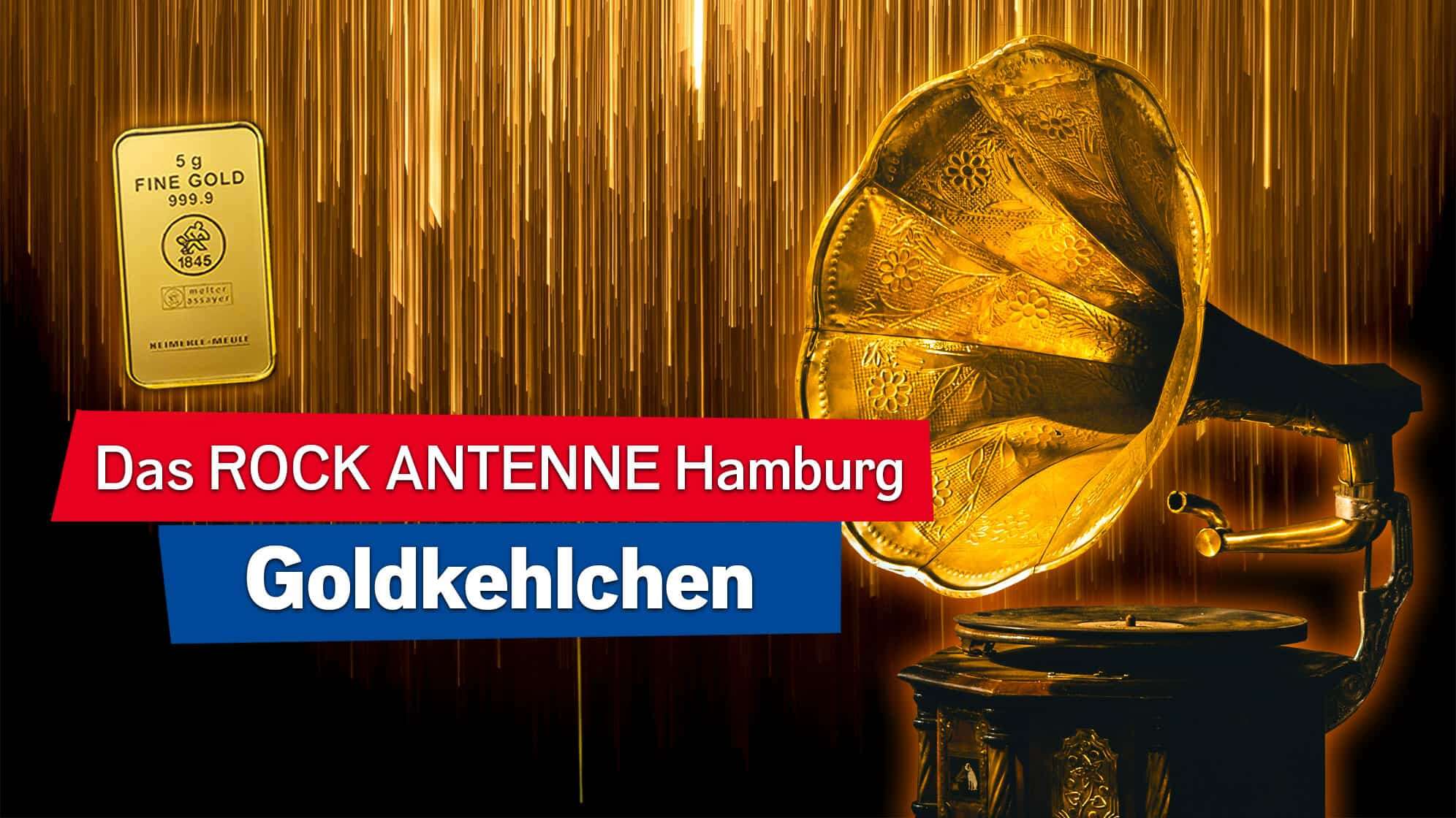Bild eines Goldregens im Hintergrund, ein goldenes Grammophon im Vordergrund, dazu der Text: Das ROCK ANTENNE Goldkehlchen